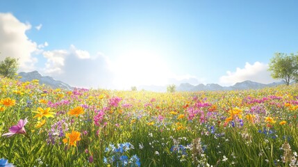 Fototapeta premium A vibrant field of wildflowers in various colors, illuminated by a bright sun under a clear blue sky.