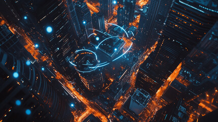 Smart digital Innovation city Business skyscrapers in the Financial District with connection network reciprocity over the cityscape. of future smart wireless digital city and social media networking