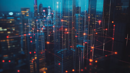 Fototapeta premium Smart digital Innovation city Business skyscrapers in the Financial District with connection network reciprocity over the cityscape. of future smart wireless digital city and social media networking