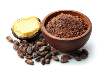 Natural cocoa butter, cocoa powder, and cocoa beans arranged in a wooden bowl on a white background for culinary use. Generative AI