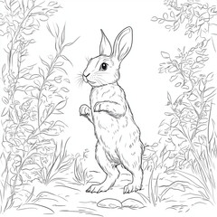 Obraz premium Curious Hare Standing on Hind Legs Surrounded by Forest Plants