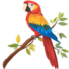 A vibrant parrot sits gracefully on a branch surrounded by green leaves, showcasing its bright red, blue, and yellow plumage in a tropical setting.