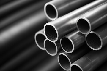 stacked metal pipes with hollow interiors, arranged diagonally with a blurred background