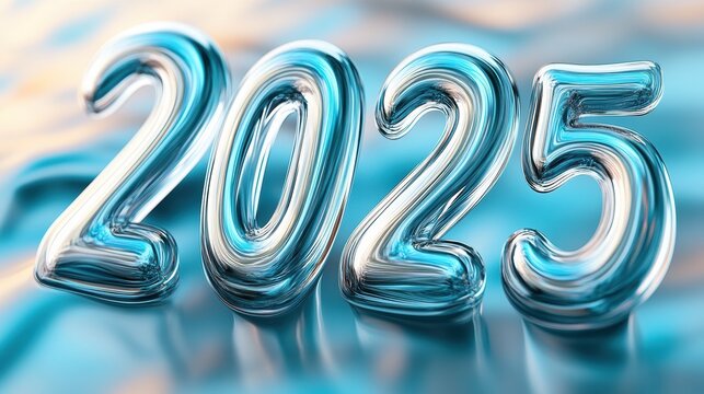 Shiny 2025 numbers float on a reflective blue surface, symbolizing a futuristic vibe, AI