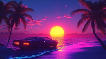 A retro black car parked on a beach at sunset, framed by palm trees and vibrant pink and purple skies.