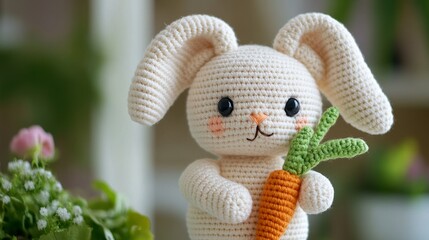 A cute handmade crocheted bunny, holding a bright orange carrot, with soft wool texture and charming features, perfect for storytelling or kids' themes.