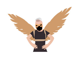 Man with wings, angel, vector illustration.A boy wearing a T-shirt stands with his arms outstretched and his hands on his hips.wing vector illustration.