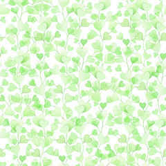 Seamless pattern with watercolor branches with pink and red hearts isolated on white background