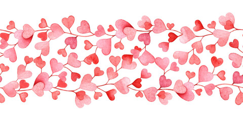 Horizontal seamless pattern with watercolor red branches and heart shaped leaves isolated on white background. Concept design for weddings, Valentine's day, dates, banners, borders, cards, etc.