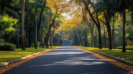 Obraz premium A paved path through a lush park with golden leaves falling from the trees.