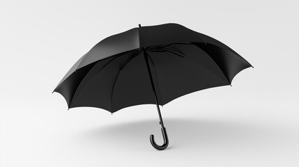 A realistic 3D render of a glossy black umbrella with a curved handle, lying closed on a white background