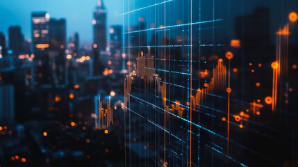 Obraz premium Smart digital Innovation city Business skyscrapers in the Financial District with connection network reciprocity over the cityscape. of future smart wireless digital city and social media networking