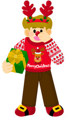 Blond boy wearing Rudolph headband, red nose and Merry Christmas sweater holding a green gift box