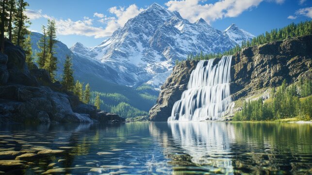 Breathtaking landscape featuring a majestic waterfall cascading down rocky cliffs, surrounded by lush greenery and snow-capped mountains.