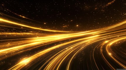 A vibrant cosmic scene showcasing dynamic golden light trails against a starry background, evoking a sense of movement and energy.