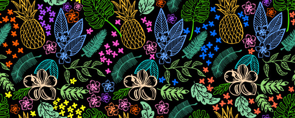 Seamless colorful tropical pattern with pineapples, palm leaves and flowers. Vector illustration. © Vitalii