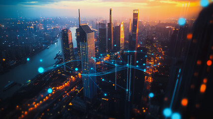 Fototapeta premium Smart digital Innovation city Business skyscrapers in the Financial District with connection network reciprocity over the cityscape. of future smart wireless digital city and social media networking