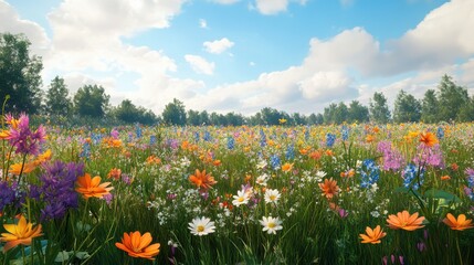 Obraz premium A vibrant field of blooming wildflowers in various colors under a blue sky, creating a serene and joyful atmosphere.