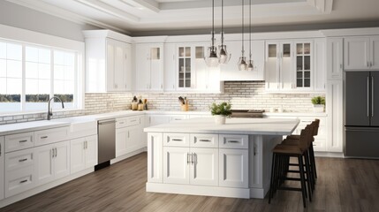 Fototapeta premium Spacious kitchen with white cabinets, island, and bar stools. Concept of modern home interior. For home design inspiration