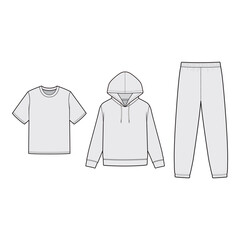 Hoodie, T-shirt, and Sweatpants Set Technical Flat Template for Fashion Design

