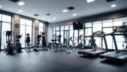 blurred gym background, sports fitness room with treadmills and exercise equipment in defocus, and text copy space