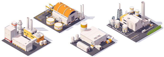 Depicts various industrial buildings in an isometric style on a clean background. Vector illustration © GN.STUDIO