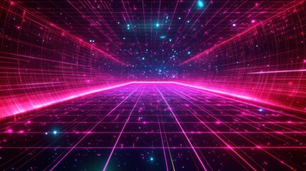 Obraz premium A vibrant, futuristic tunnel of pink and blue lights, evoking a sense of speed and movement through a digital landscape.