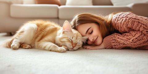 Photography of a serene moment with a ginger kitten sleeping peacefully next to a young woman