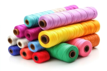 Vibrant assortment of sewing threads in various colors stacked together on a white background for craft enthusiasts. Generative AI