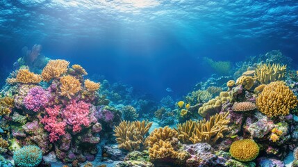 Vibrant coral reef teeming with life, showcasing a rich palette of colors in a serene underwater environment.