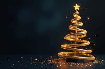 Golden Spiral Christmas Tree, Dark Background, copy space