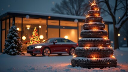 Obraz premium Christmas tree made of tires with lights, with a car dealership in the background, red car, copy space