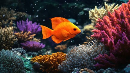 Obraz premium A vibrant orange fish swims gracefully among colorful coral reefs in an underwater paradise.