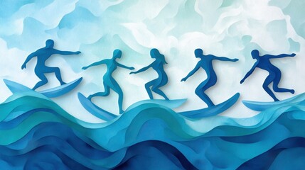 Surfers ride stylized waves in a vibrant abstract artwork, AI