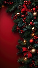 Obraz premium Christmas tree corner border with green fir branches, red bow, berries and gold lights isolated on red background. Pine, xmas evergreen plants frame. garland decoration, holiday card, copy space
