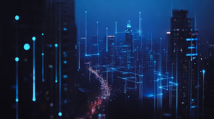 Smart digital Innovation city Business skyscrapers in the Financial District with connection network reciprocity over the cityscape at night time of future smart wireless social media networking