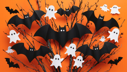 Halloween Paper Bats and Ghosts on Orange Background