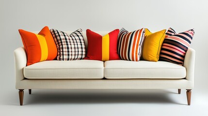 Colorful cushions on modern beige sofa with patterned pillows