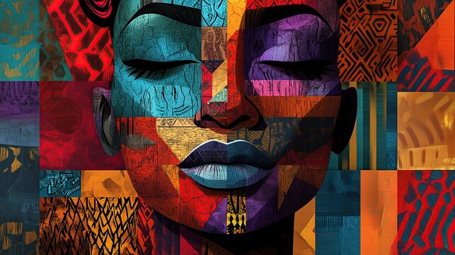 Colorful ethnic mosaic art featuring african woman's face with closed eyes