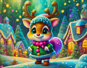Naklejka premium Merry Christmas- baby Rudolph red shiny nose in Christmas village 