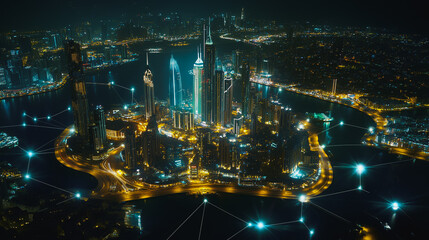 Smart digital Innovation city Business skyscrapers in the Financial District with connection network reciprocity over the cityscape at night time of future smart wireless social media networking