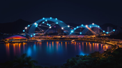 Obraz premium Smart digital Innovation city Business skyscrapers in the Financial District with connection network reciprocity over the cityscape at night time of future smart wireless social media networking