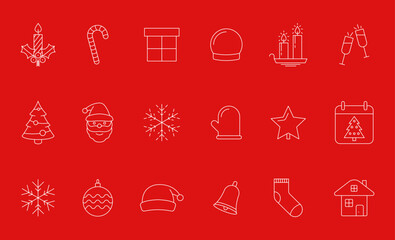 Xmas and New Year outline Holiday icons set. New year and Christmas stroke thin line vector symbols and sign.
