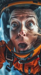A person is skydiving wearing an orange helmet and suit, with an expression of surprise. Concept of adventure and thrill. For extreme sports photography