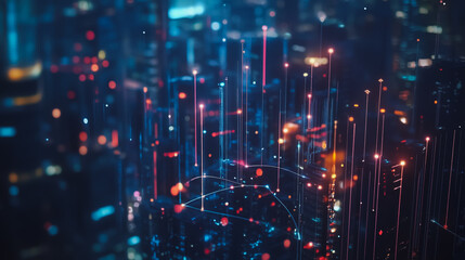 Smart digital Innovation city Business skyscrapers in the Financial District  with connection network reciprocity over the cityscape at night time of future smart wireless social media networking 