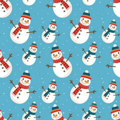 Seamless pattern of cute snowmen. Christmas and New Year background. Vector illustration.