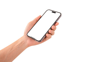 Hand showing smartphone with blank screen isolated on white background.
