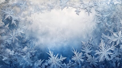 Elegant Winter Background with Blue-White Snowflakes, Bokeh-Lit