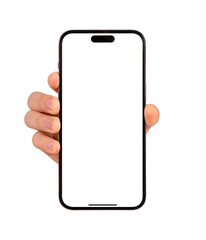 Hand showing smartphone with blank screen isolated on white background.