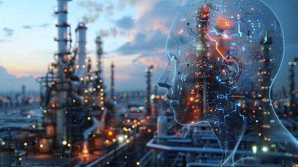 A Futuristic View of a Human-Like Figure With Digital Elements Against an Industrial Landscape at Sunset, Symbolizing the Intersection of Technology and the Energy Sector